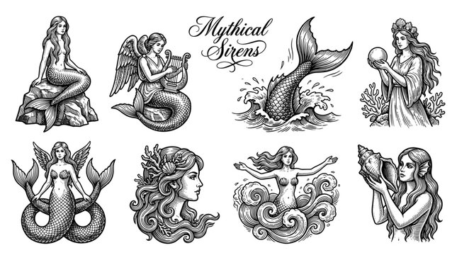 Mythical Sirens and Mermaids Collection: Hand-Drawn Engraving Style Vector Illustration Set of Sea Nymphs, Goddesses, and Aquatic Creatures
