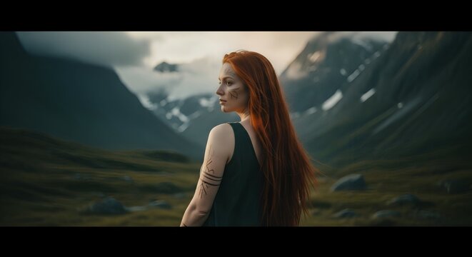 Junge nordische Wikinger Sch&ouml;nheit mit rotem Haar vor dramatischer Bergkulisse in einer epischen Fantasy-Welt voller Abenteuer und Mystik