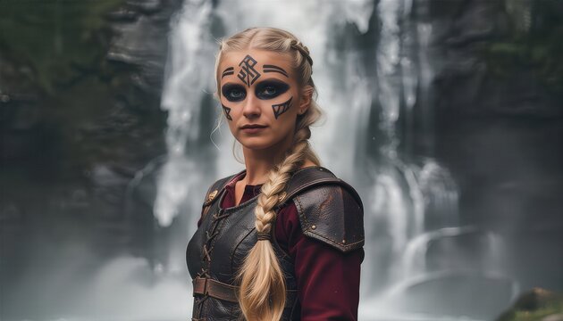 Junge mystische Wikinger Frau mit rotem Haar  und Kriegsbemalung im Gesicht vor dramatischer Bergkulisse mit Wasserfall in einer epischen Fantasy-Welt voller Abenteuer und Mystik