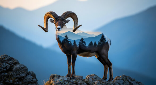 Bighorn sheep facing forward rocky outcrop mountain landscape trees horns