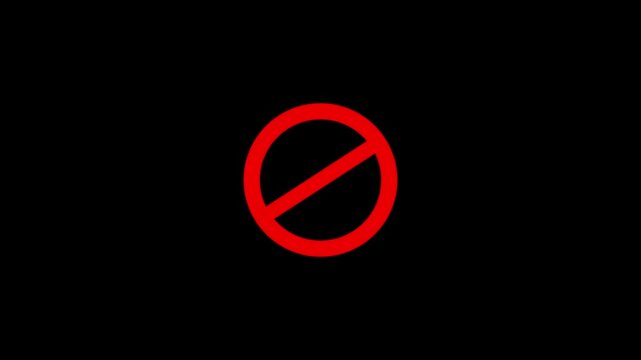 Warning, stop or no entry forbidden red circle loop animation on black background with alpha channel. Animation for delete, denied, error, stop, no parking, no Entry concept.