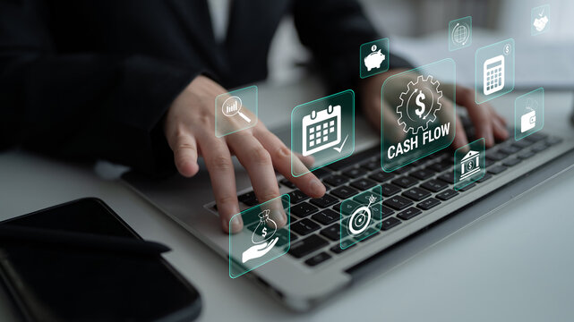 Business Professional Using Laptop with Cash Flow Icons and Data Analysis Symbols for Financial Management and Planning. Glyphic.