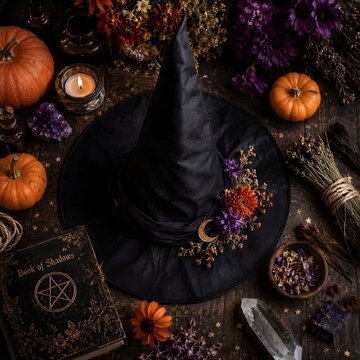 Witch hat with decorations and halloween objects on wooden table surface.