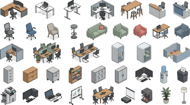 Isometric office furniture set with desks chairs cubicles storage units and equipment for modern workspace interior design