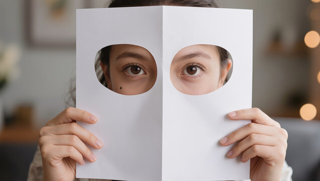 Woman Hiding Face Behind Paper with Eyeholes, Concept of Anonymity and Hidden Identity