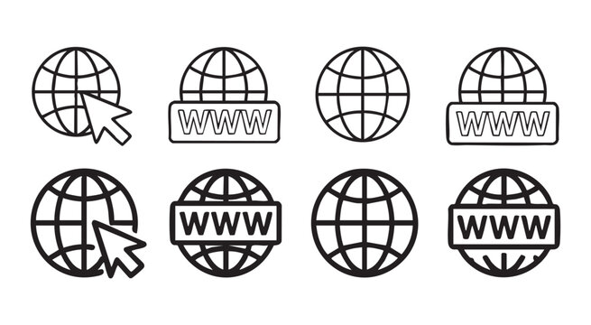 Set of globe icons with www text and cursor, different styles and variations isolated on background.