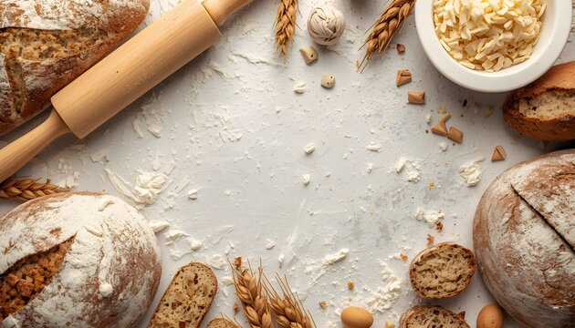 Elegant arrangement of freshly baked artisan bread flour dust wooden rolling