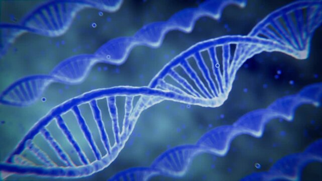 Close-up view of glowing blue DNA double helix strands against abstract scientific background. Represents genetic structure, molecular biology research, and modern biotechnology applications.