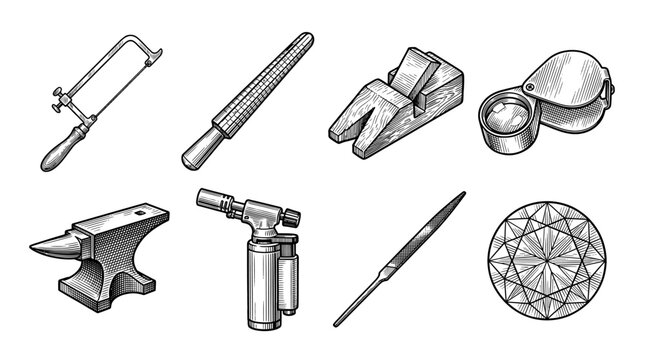 Set of Vintage Hand Drawn Jewelry Making Tools and Diamond Illustration. Vector Engraving Style Icons for Jeweler Workshop Including Saw, Anvil, Torch, Loupe, and Ring Mandrel
