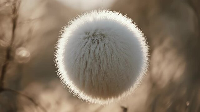 Soft White Fluffy Sphere Floating in Nature with Abstract Motion Inspired by Traditional Rhythmic Rites and Soft Natural Textures