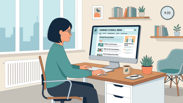 Woman working at computer reading company internal news updates on screen