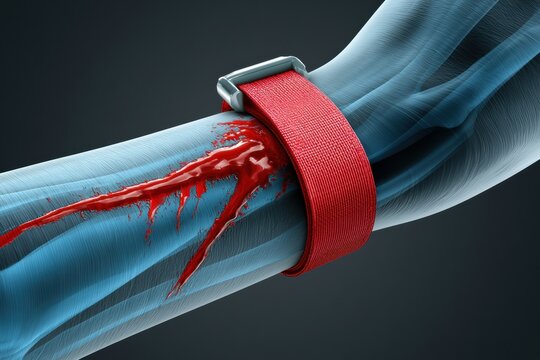 A tourniquet is applied to an arm to stop severe bleeding in a clinical setting. The scene shows red flow and blue tones on the arm.