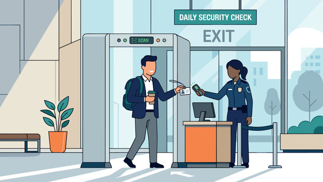 Man passes through security scanner showing ID to guard at exit