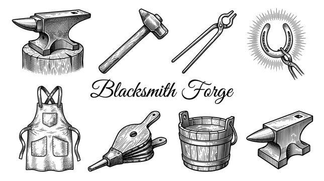 Set of Vintage Blacksmith Forge Tools and Equipment Illustration including Anvil, Hammer, Tongs, Bellows, and Apron in Engraving Style