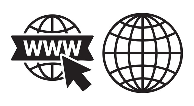 Globe icon with www ribbon and cursor arrow next to a detailed wireframe world sphere illustration.