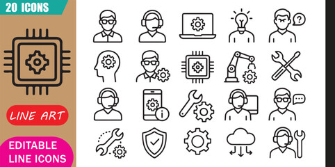 Fototapeta premium Technical expert icons set, 20 editable line art icons set, technical expert, technology specialist innovation, engineering support knowledge, digital service theme style, clean outline vector