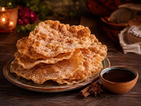 Knusprige mexikanische Bu&ntilde;uelos mit Zimtzucker, Sternanis und s&uuml;&szlig;er Sauce auf rustikalem Holztisch. Die goldbraune Nachspeise begeistert mit luftiger, krosser Struktur.