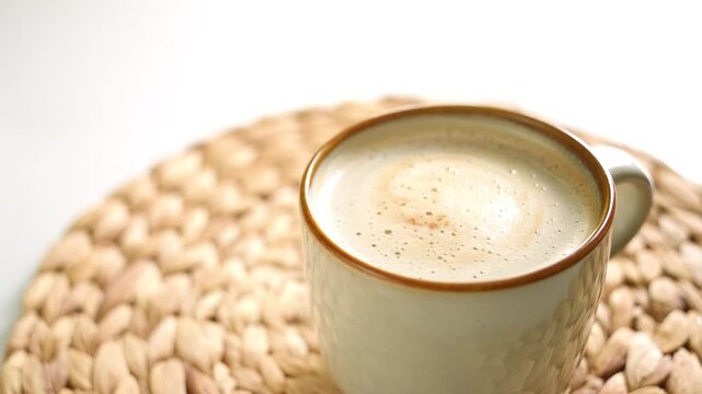 Close-up of coffee cappuccino in a beige mug on a wicker stand