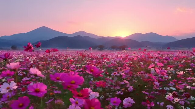 Vibrant field of pink flowers against mountain range and sunset sky