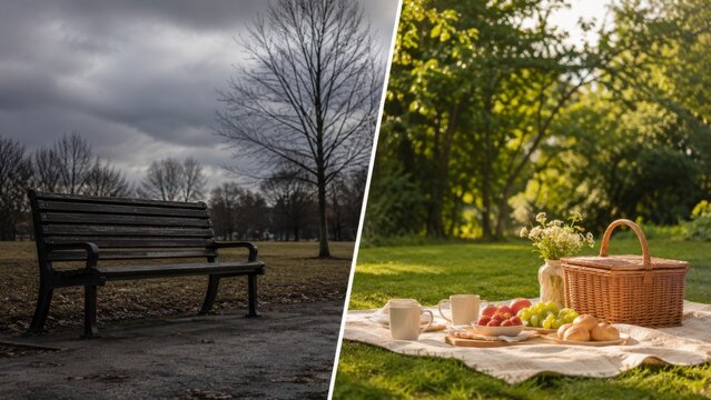 Cold solitary bench and welcoming picnic setup under summer trees