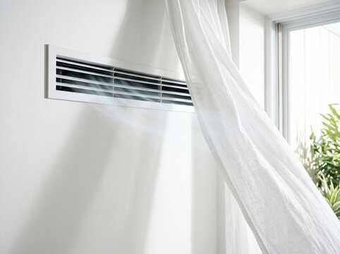Modern ventilation system with airflow and swaying curtains near bright window