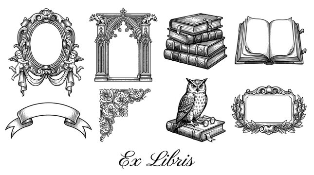 Vintage Ex Libris Design Elements Set with Antique Books, Gothic Frames, Owl, Cherubs, and Floral Ornaments. Hand Drawn Engraving Style Vector Illustration for Bookplates and Stationery.