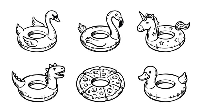 Collection of whimsical inflatable pool floats in a doodle style