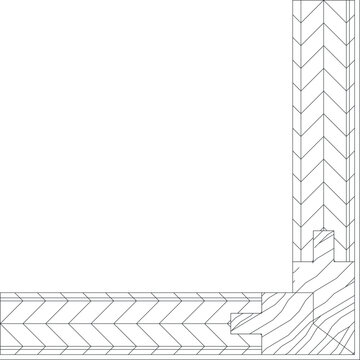Technical 2D vector graphic featuring a corner frame detail, incorporating a repeating herringbone pattern alongside a wood grain texture, suitable for architectural detailing or design framing