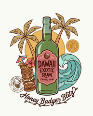 Vintage tropical rum label illustration featuring a green glass bottle with an exotic label, surrounded by palm trees, a tiki mug cocktail, ocean waves, and a sun on white background. © Muhammad