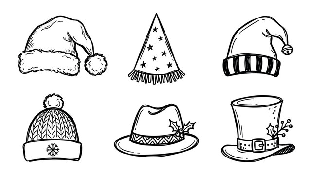 Collection of hand drawn winter and holiday hats
