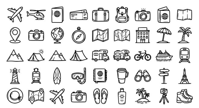 travel, vacation, tourism, holiday, adventure, doodle, sketch, airplane, passport, suitcase, backpack, camera, compass, globe, hotel, beach, mountain, camping, cruise, train, vector, illustration, edi