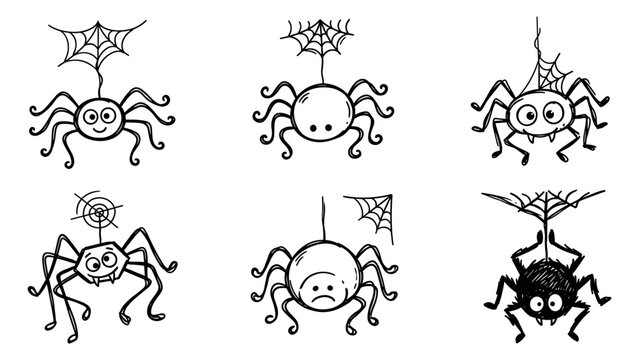 Set of cute hand drawn spiders with spiderwebs for Halloween