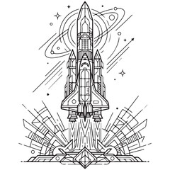 Rocket ship launch vector illustration with geometric line art planets and stars for space exploration and startup growth © Andikia