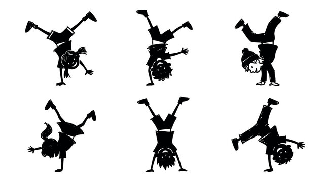 Children Silhouettes Doing Cartwheels and Handstands on White Background