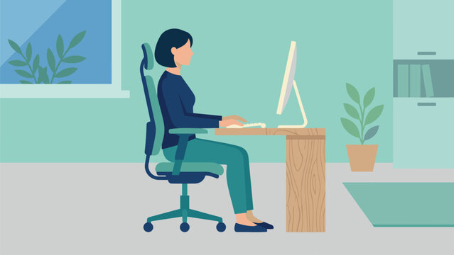 Woman working on computer at desk in ergonomic chair