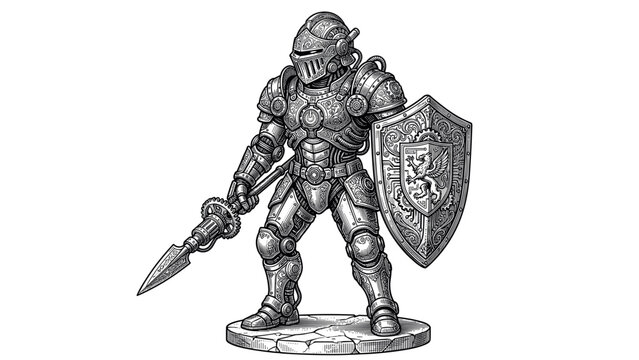 Steampunk Knight Warrior With Spear And Shield Intricate Design