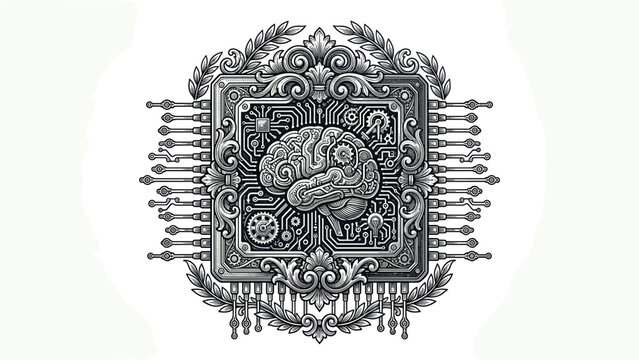 Intricate AI Brain Chip Design with Ornate Border and Circuitry