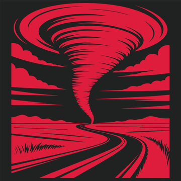 Tornado twister illustration with winding road and clouds in red landscape, bold graphic for t-shirt prints and apparel merchandise and design and ext
