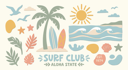 Retro surf club aloha state vector collection, vintage summer beach elements with palm tree and surfboards, coastal aesthetic illustrations © TXPHIC