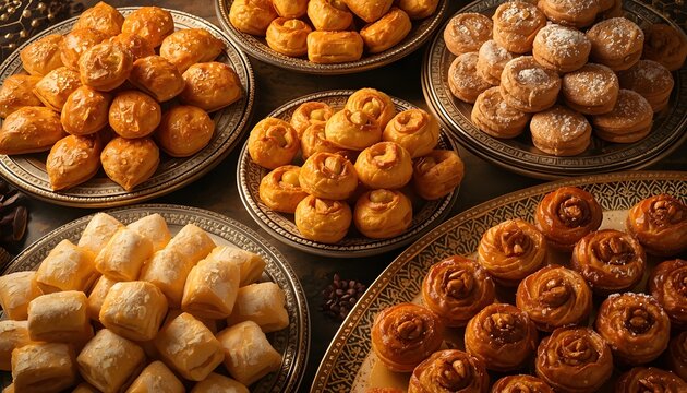Assorted Moroccan pastries including chebakia ghriba briouats and almond sweets