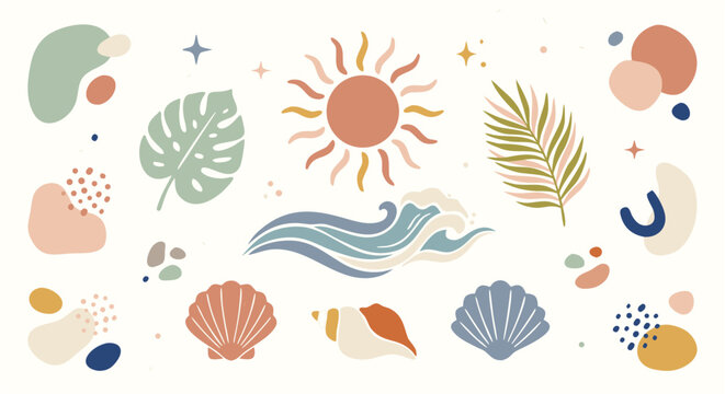 Boho summer beach vector elements, aesthetic sun and ocean wave icons, tropical palm leaf and seashell collection in earthy terracotta tones