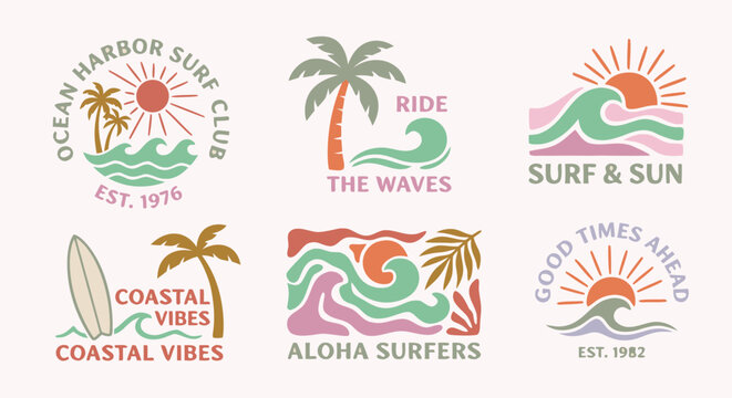 Retro surf logo collection with palm trees and ocean waves, vintage summer beach emblems in pastel colors, 6 tropical surfing vector badges