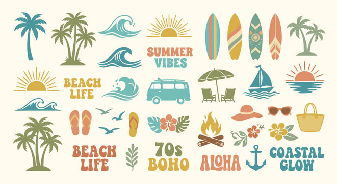 Retro Summer Beach Life Vector Icon Set, Vintage 70s Boho Coastal Glow Illustrations, Tropical Surf and Aloha Vacation Elements