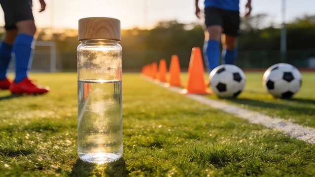 Transparent glass water bottle with a wooden lid sits on the green grass of a soccer field during a bright sunset with blurry players training nearby