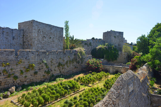 View to a garden at the Grandmasters Palace in Rhodes, Greece
