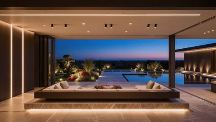 Fototapeta premium Luxury Outdoor Living Area with Modern Design and Sunset View
