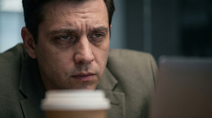 Naklejka premium Tired businessman suffering from burnout working late on laptop