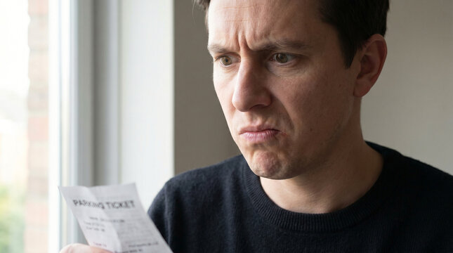Angry man looking at parking ticket by window