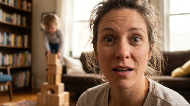 Shocked mother looking at camera with child background