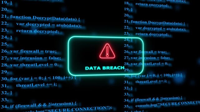 Data breach warning alert with digital programming code background, for cybersecurity and, cybercrime concept